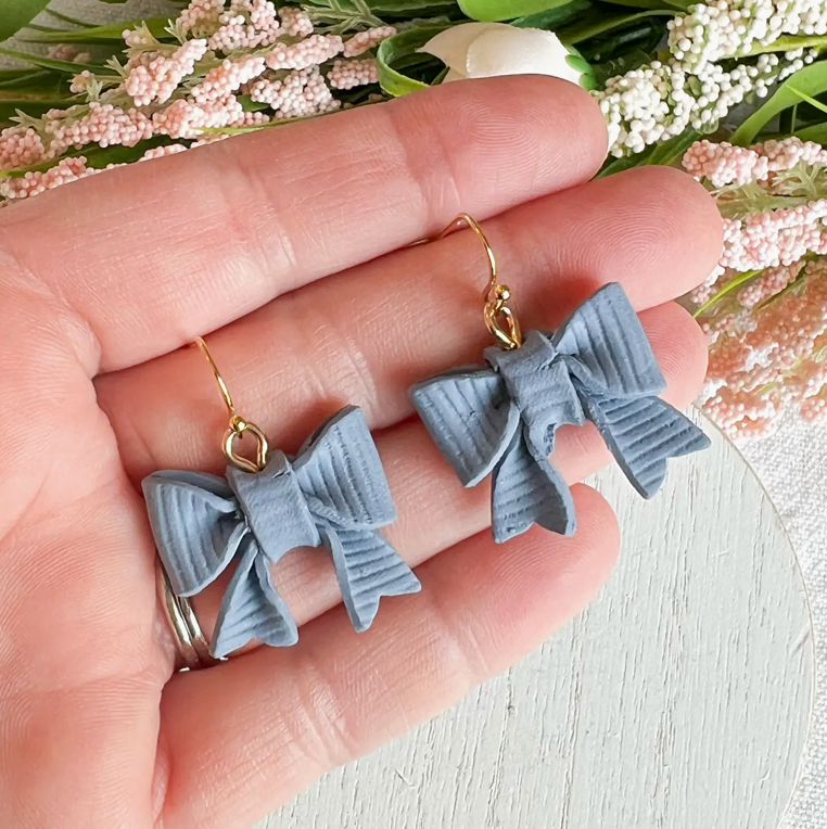 Mini Boho Textured Dusty Blue Bow Polymer Clay Earring