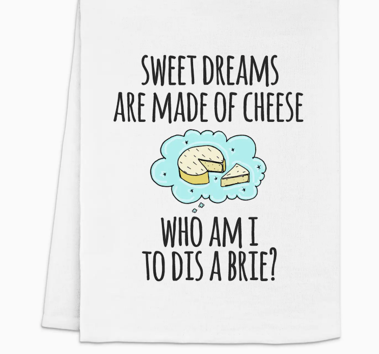 "Sweet Dreams Are Made of Cheese" tea towel featuring a cheese graphic and playful text, perfect for kitchen use and gifting.
Make your kitchen a little cheesier with this delightful tea towel! 🧀💖