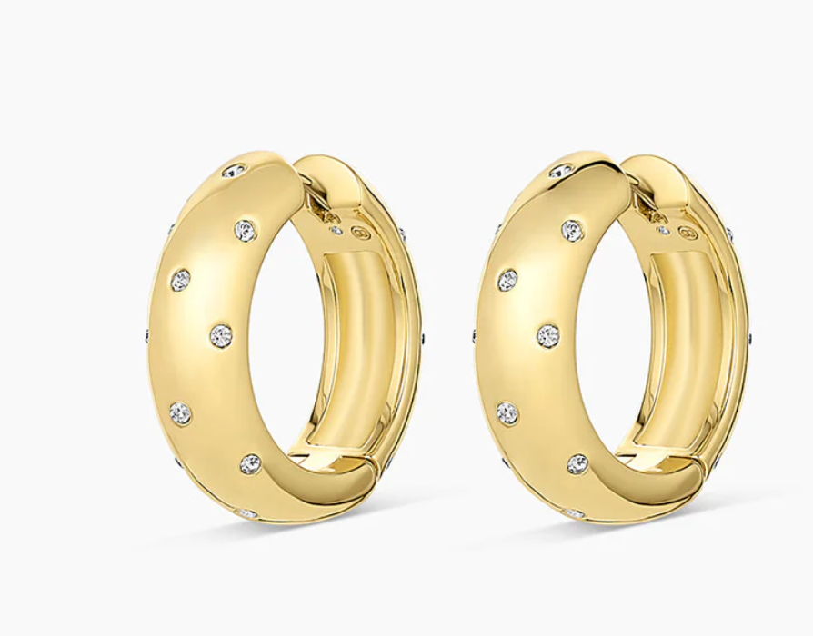 Close-up of elegant gold hoop earrings adorned with sparkling diamond accents. These luxurious earrings feature a smooth finish and a secure closure, perfect for adding a touch of glamour to any outfit.Let me know if you need more help or additional information!