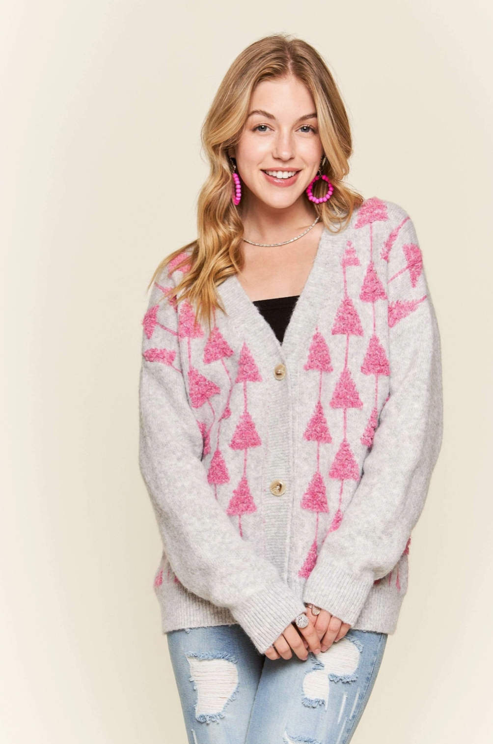 Cardigan Knit Pink and Grey Sweater