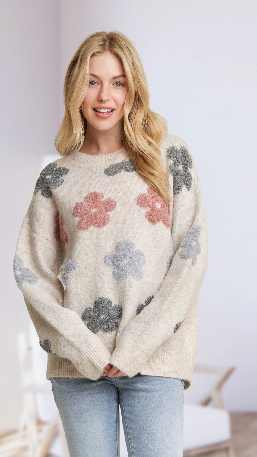 Knit Puff Flower Sweater