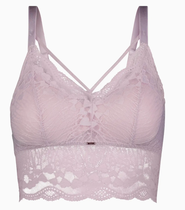 Soft pastel lace bralette with intricate heart-patterned lace, criss-cross front design, and adjustable straps. Stretchy, comfortable, and supportive with a removable Unipad for shaping. Perfect for layering under V-neck tops and low necklines.