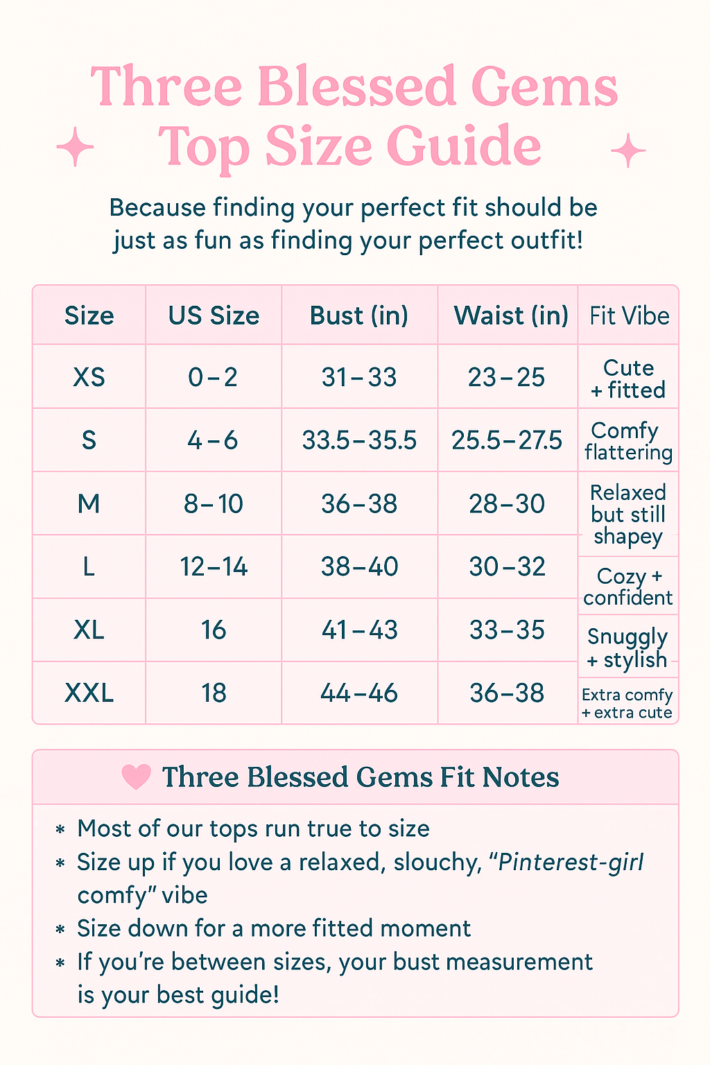 Three Blessed Gems top size guide with measurements and fit notes on a pink background