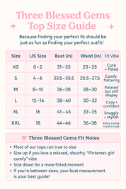 Three Blessed Gems top size guide with measurements and fit notes on a pink background