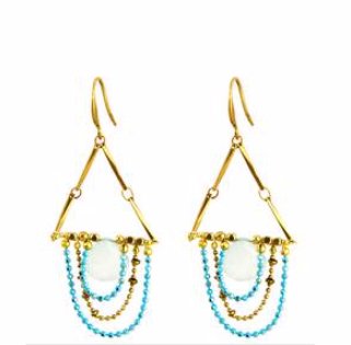 Aqua Chalcedony Drape Turq. Chain Earrings - Three Blessed Gems
