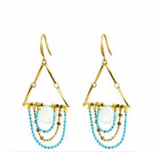 Aqua Chalcedony Drape Turq. Chain Earrings - Three Blessed Gems