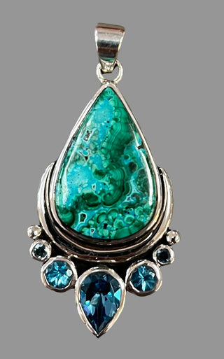 Azurite Malachite Blue Topaz Sterling Silver Pendant - Three Blessed Gems