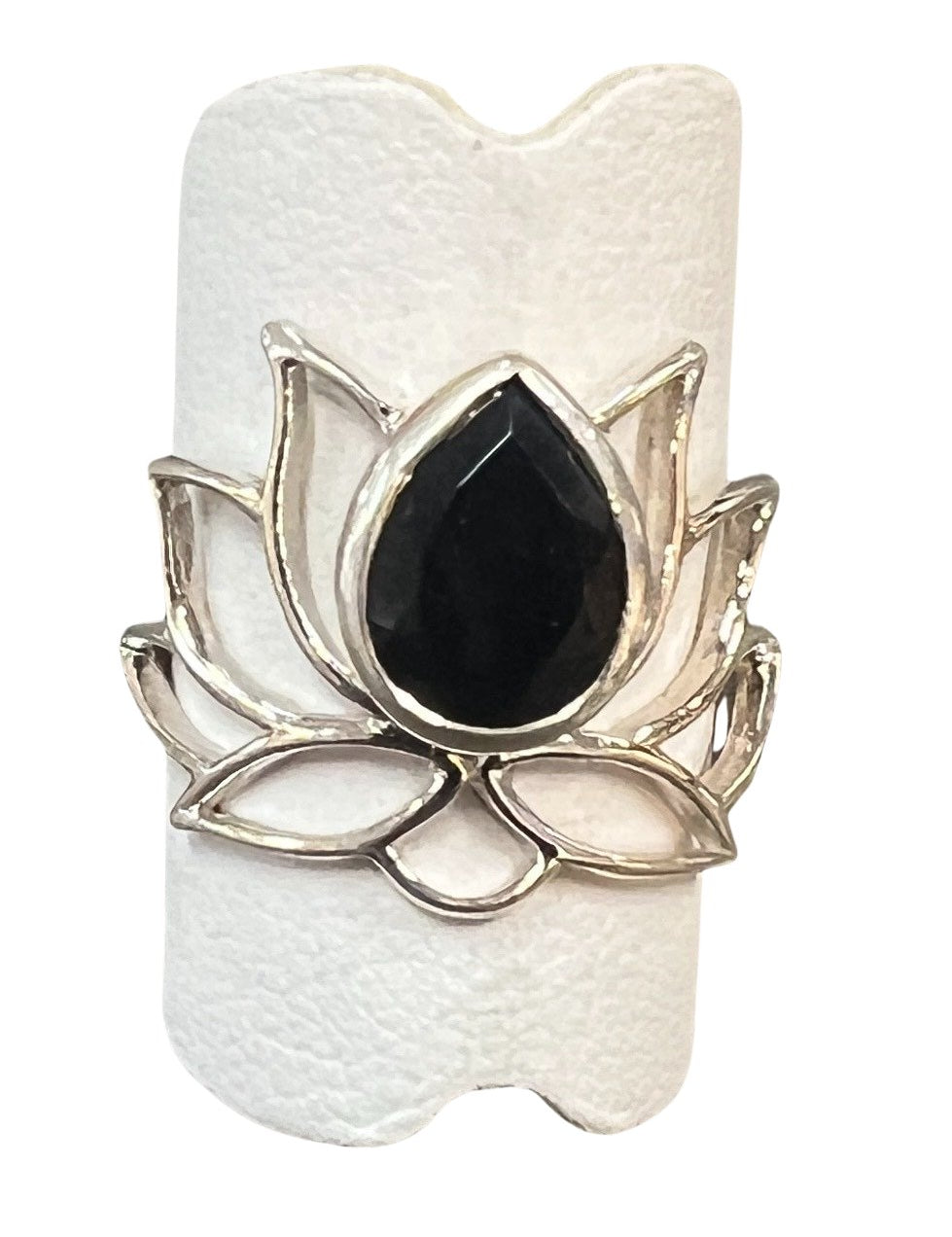 Black Onyx Sterling Silver Lotus Ring - Three Blessed Gems