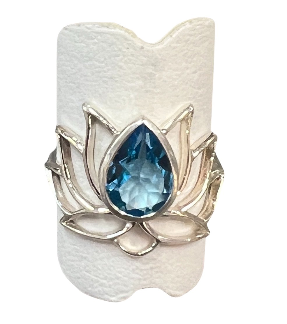 Blue Topaz Sterling Silver Lotus Ring - Three Blessed Gems