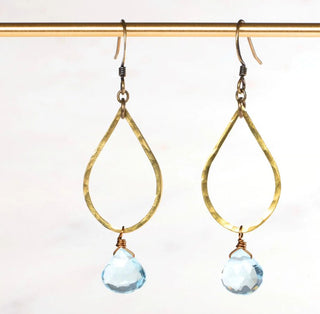 Blue Topaz Teardrop Brass Earrings - Three Blessed Gems