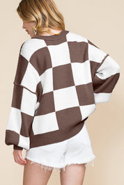 Dark Brown Checkered Bishop Sleeve Sweater