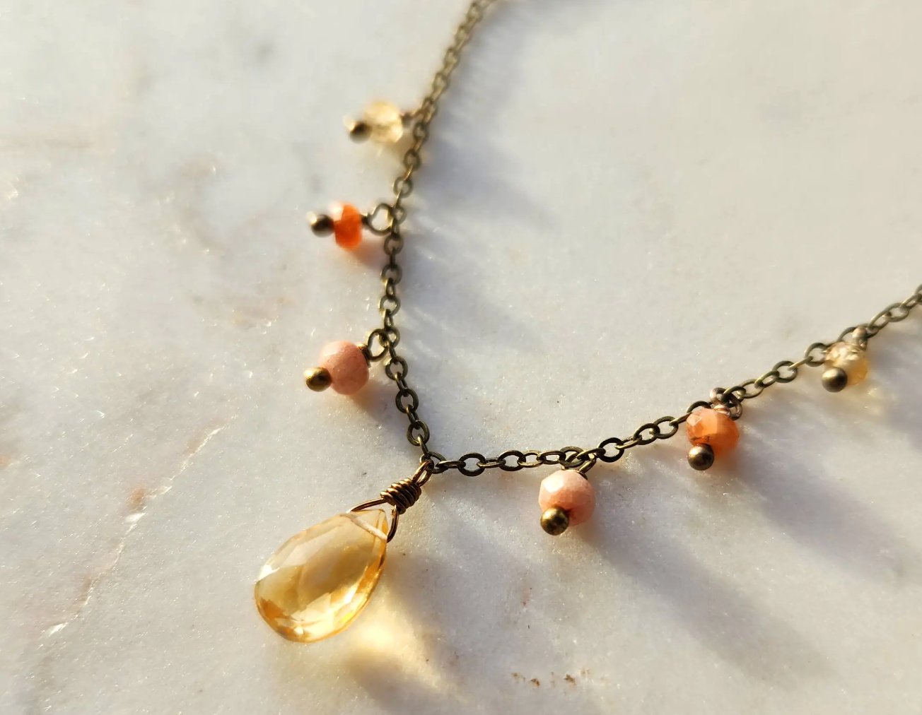 Citrine Sunstone Fringe Brass Necklace - Three Blessed Gems