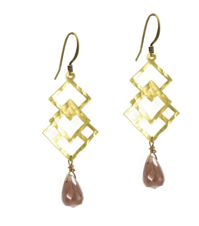 Coffee Moonstone Geometric Brass Earrings - Three Blessed Gems