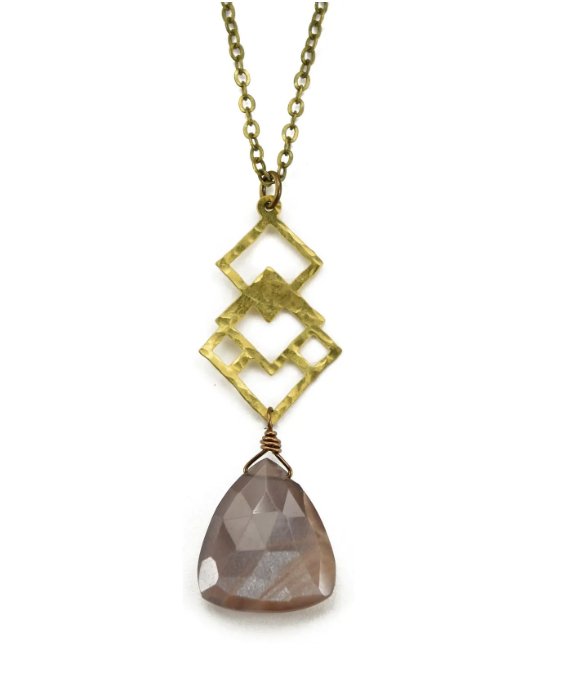 Coffee Moonstone Geometric Brass Necklace - Three Blessed Gems