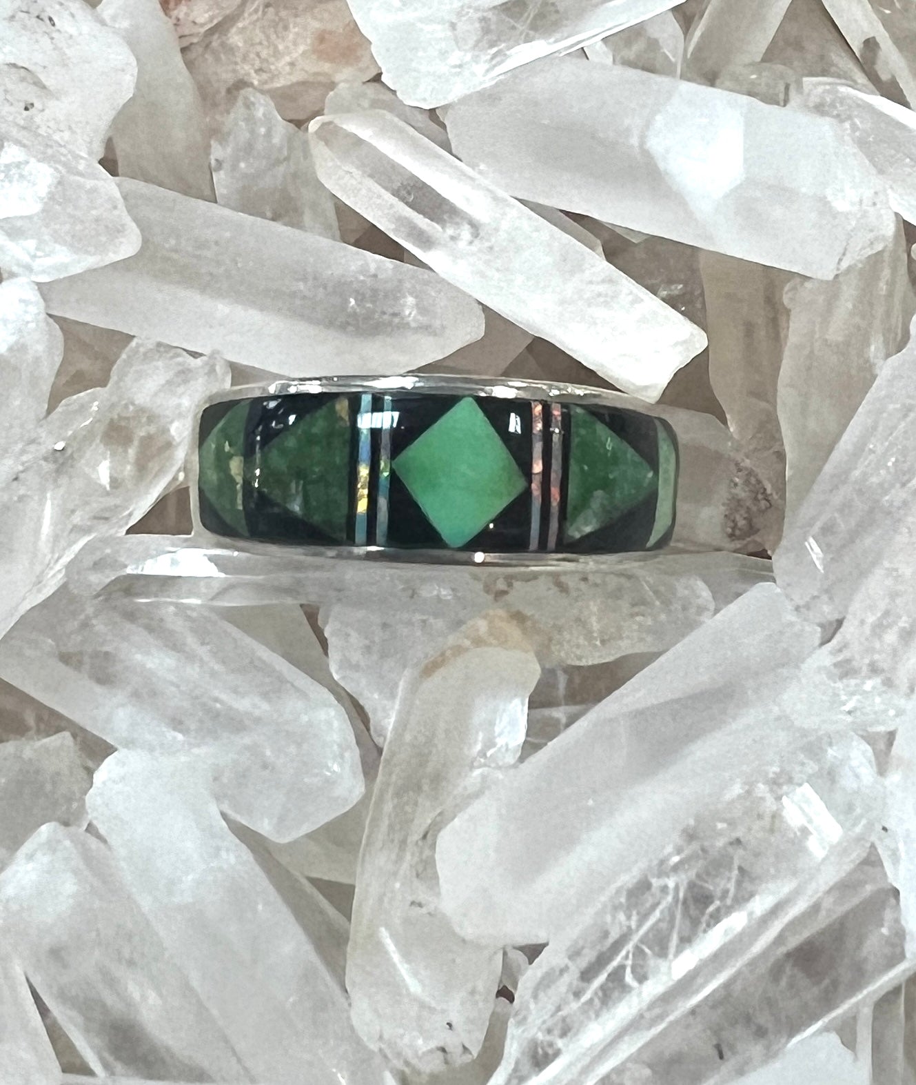 Green Turquoise Black Onyx Opal Sterling Silver Ring - Three Blessed Gems