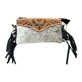 Hand Tooled Leather & Cowhide Crossbody Bag - Three Blessed Gems