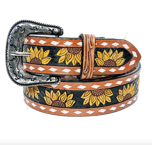 Hand Tooled Leather Sunflower Belt - Three Blessed Gems