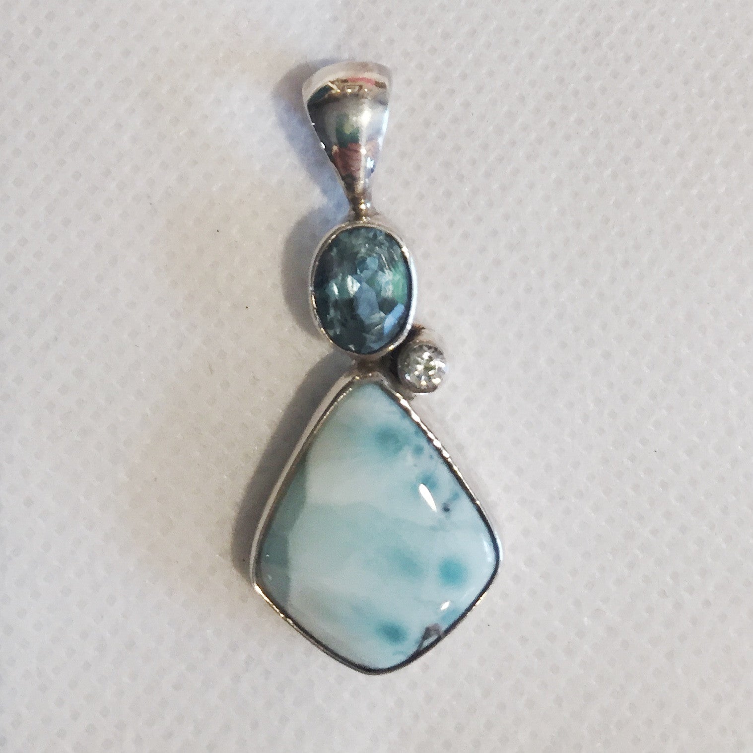 Larimar Turquoise Blue and White Topaz Silver Pendant - Three Blessed Gems