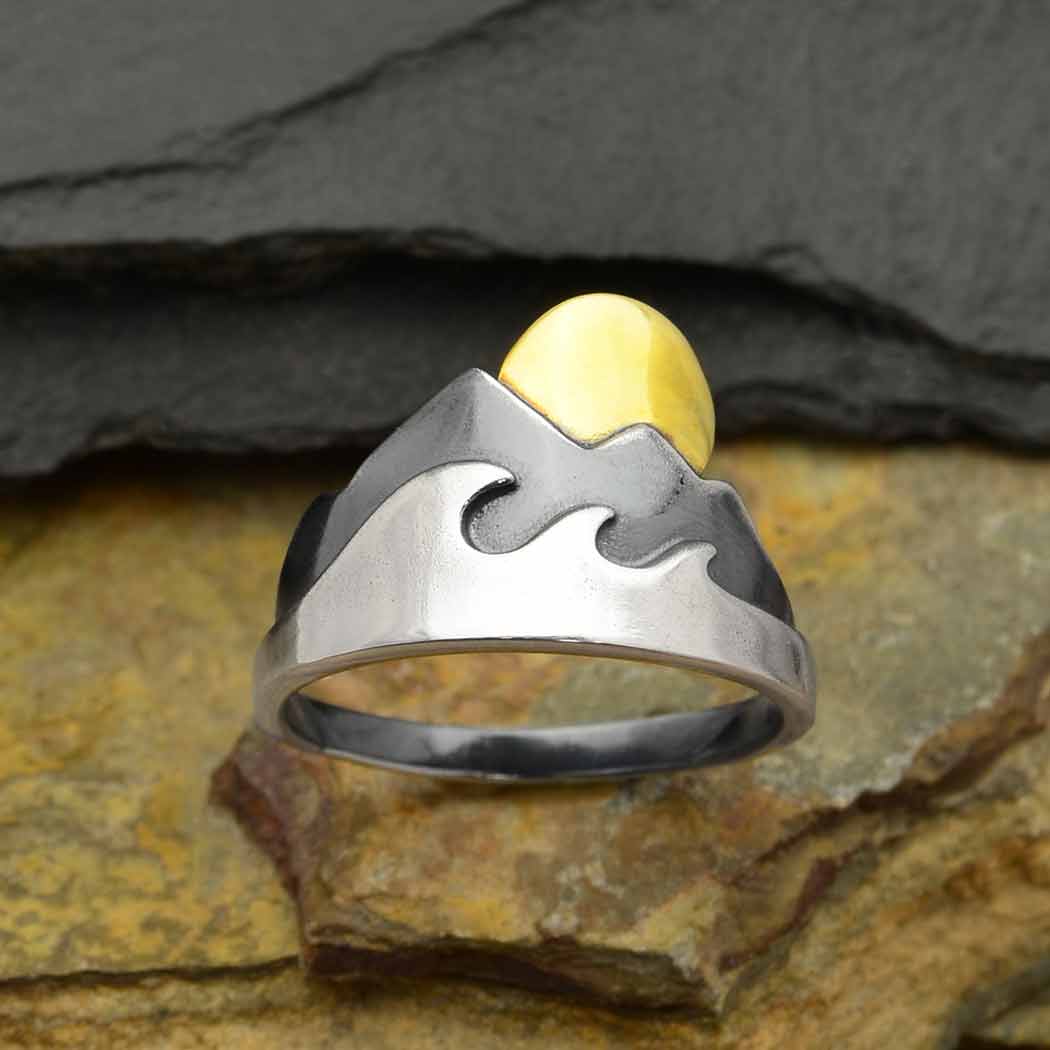 Mixed Metal Mountain and Wave Ring with Bronze Sun - Three Blessed Gems