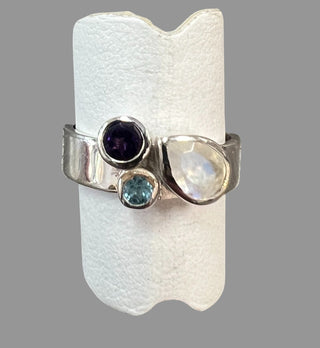 Moonstone Amethyst blue Topaz Sterling Silver Ring - Three Blessed Gems