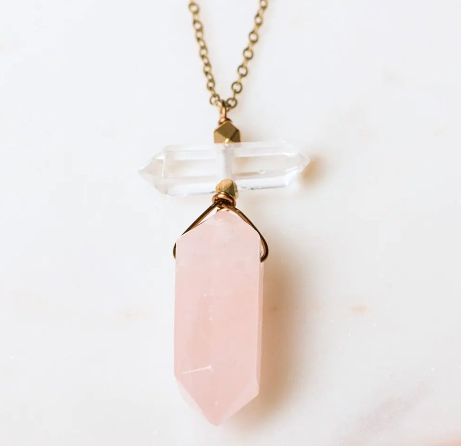 Rose Quartz Clear Quartz Brass Necklace - Three Blessed Gems