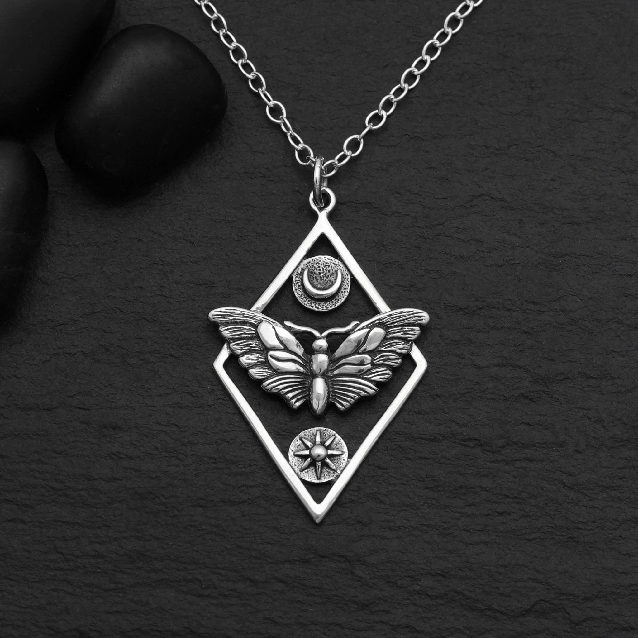 Sterling Silver Geometric Moth Necklace 18 Inch - Three Blessed Gems