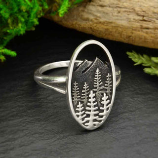 Sterling Silver Layered Trees and Mountains Oval Ring - Three Blessed Gems