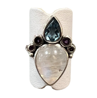 Sterling Silver Moonstone Blue Topaz Pink Tourmaline Ring - Three Blessed Gems