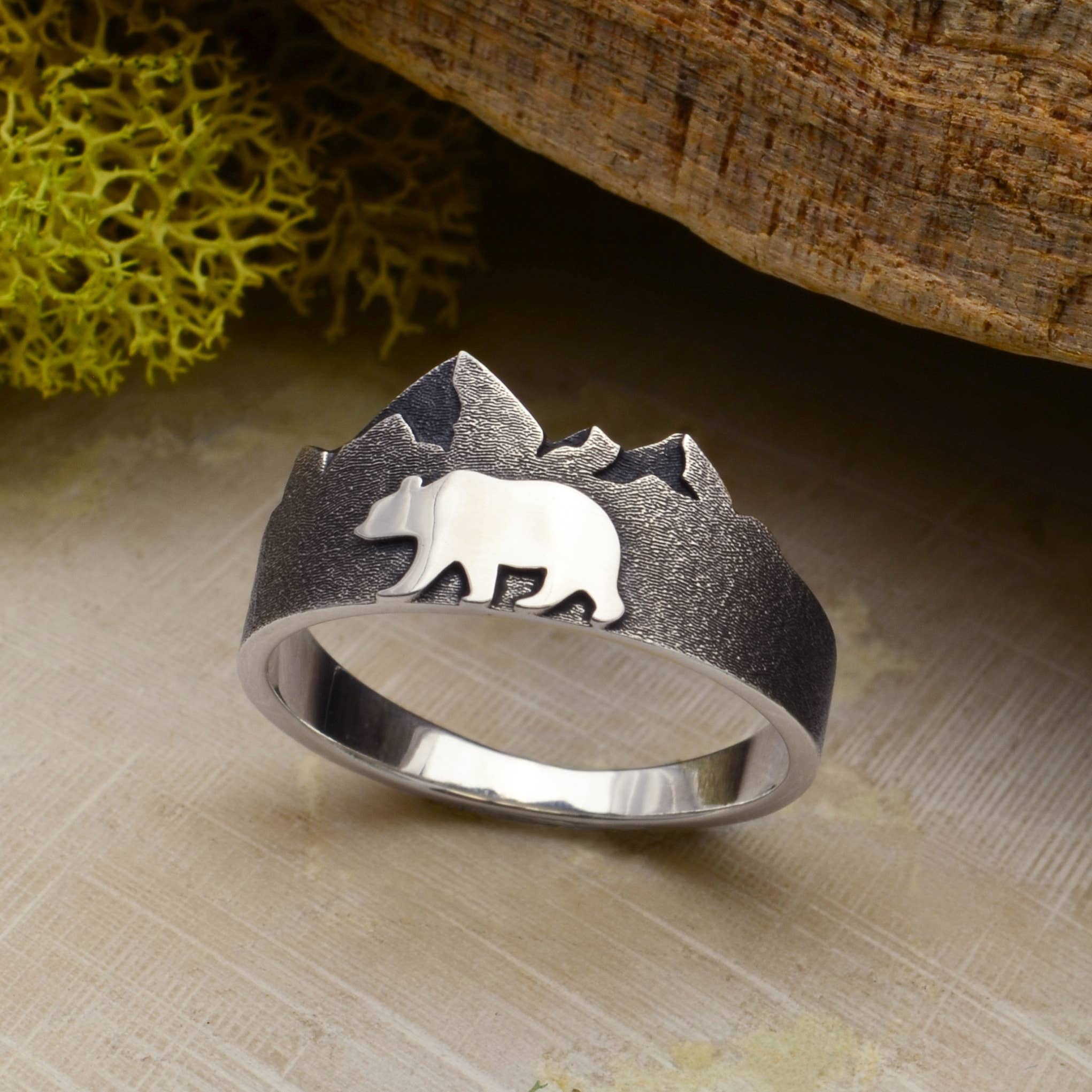 Sterling Silver Mountain and Bear Ring - Three Blessed Gems