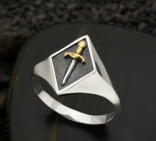 Sterling Silver Sword Signet Ring - Three Blessed Gems