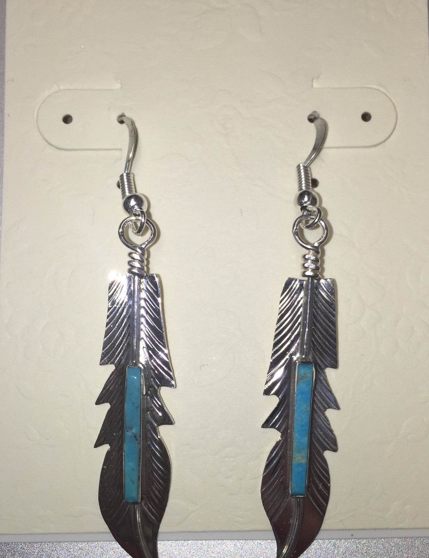 Turquoise Silver Feather Earring - Three Blessed Gems