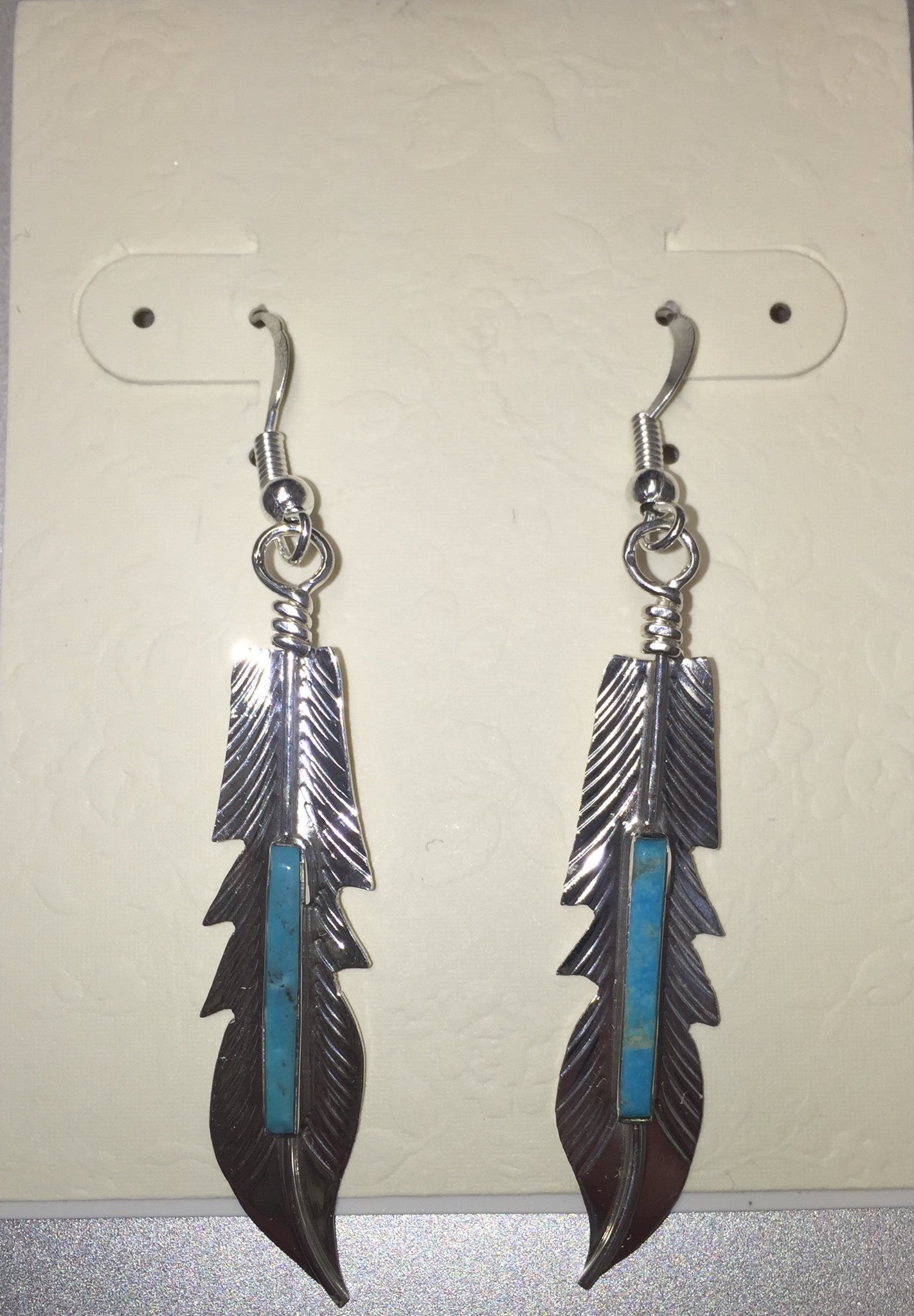 Turquoise Silver Feather Earring - Three Blessed Gems