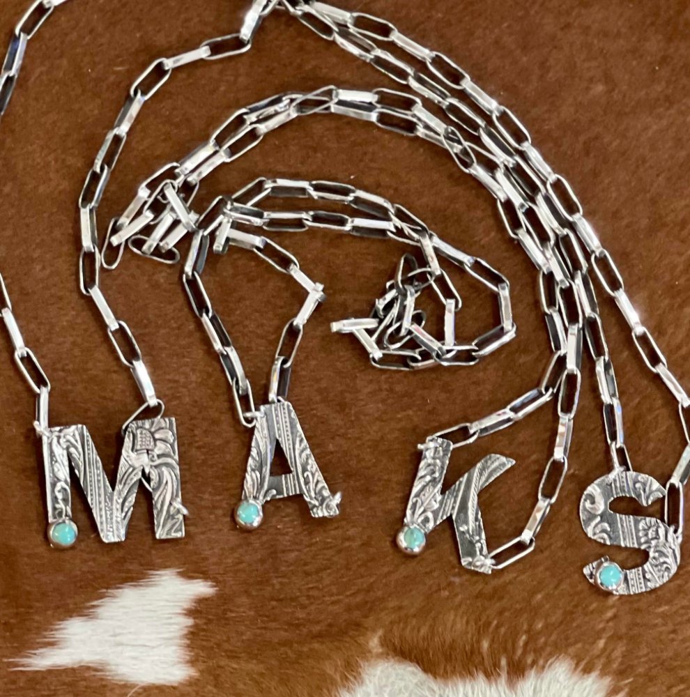 Turquoise Sterling Silver Stamped Letter Box Chain Necklace - Three Blessed Gems