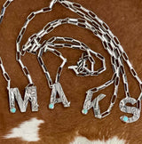 Turquoise Sterling Silver Stamped Letter Box Chain Necklace