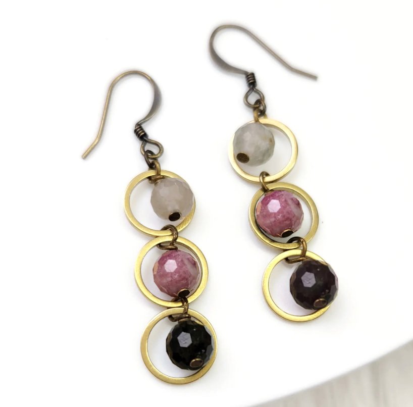 Watermelon Tourmaline Circle Brass Earrings - Three Blessed Gems