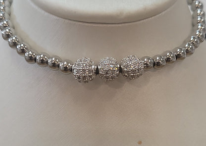 4mm Stretchy SS Beaded Bracelett W/ 3 CZ Spheres