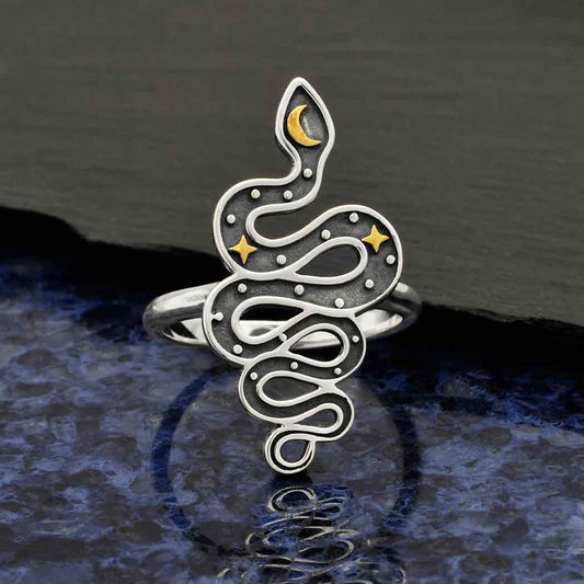 Sterling Silver Snake Ring with Bronze Star and Moon - Premium Rings from Nina Designs - Just $59! Shop now at Three Blessed Gems