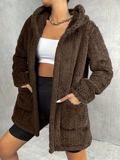 Fuzzy Pocketed Open Front Hooded Jacket - Premium Jacket from Trendsi - Just $41! Shop now at Three Blessed Gems