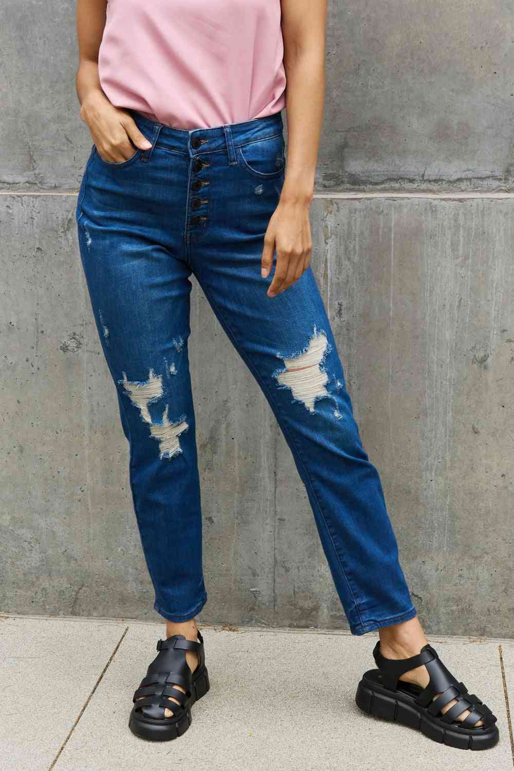 Judy Blue Melanie Full Size High Waisted Distressed Boyfriend Jeans - Premium Jeans from Trendsi - Just $57.60! Shop now at Three Blessed Gems