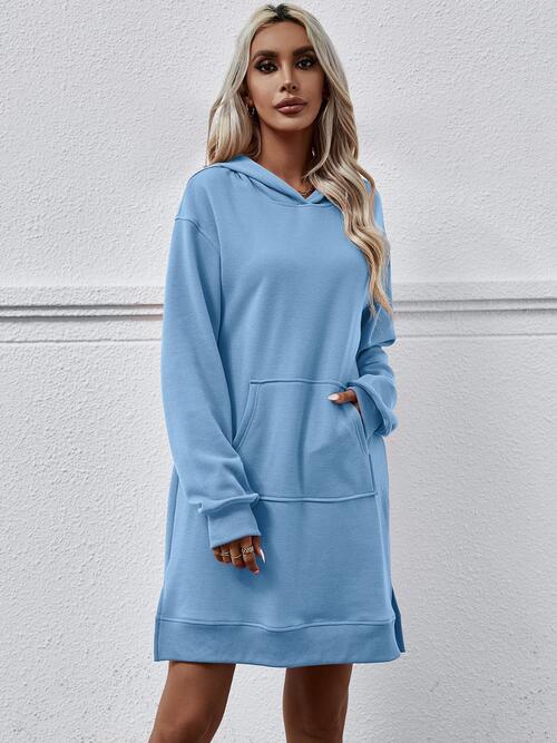 Slit Long Sleeve Hooded Dress with Pocket - Premium Dresses from Trendsi - Just $47! Shop now at Three Blessed Gems