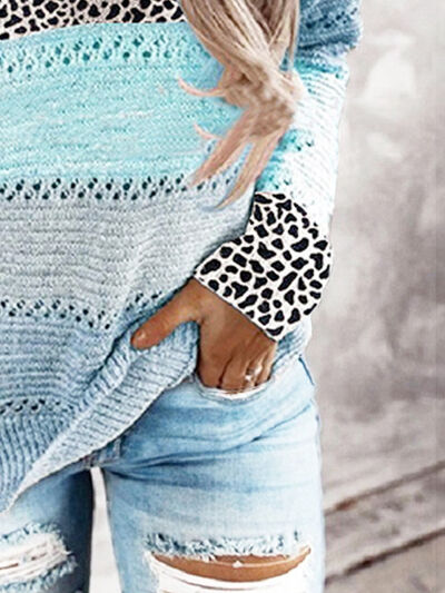 Full Size Openwork Leopard Drawstring Hooded Sweater - Premium Shirt from Trendsi - Just $35.98! Shop now at Three Blessed Gems