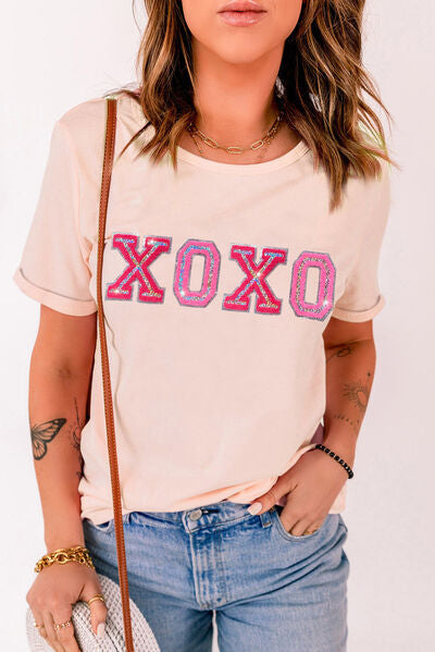 XOXO Round Neck Short Sleeve T-Shirt - Premium Tees from Trendsi - Just $30.45! Shop now at Three Blessed Gems