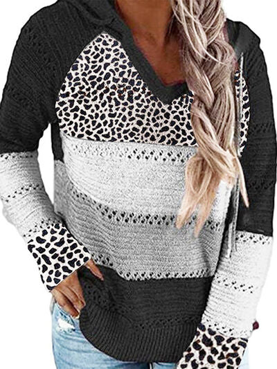 Full Size Openwork Leopard Drawstring Hooded Sweater - Premium Shirt from Trendsi - Just $35.98! Shop now at Three Blessed Gems
