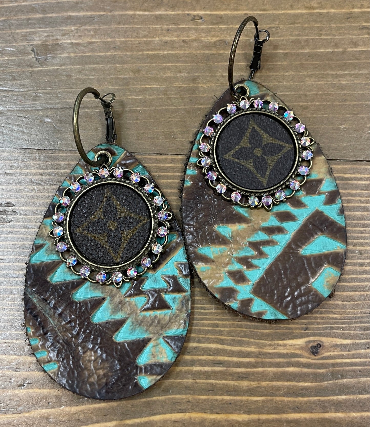 Upcycled Designer Crystal Cowhide Tooled Brass Earrings - Premium Earrings from Keep It Gypsy - Just $78! Shop now at Three Blessed Gems