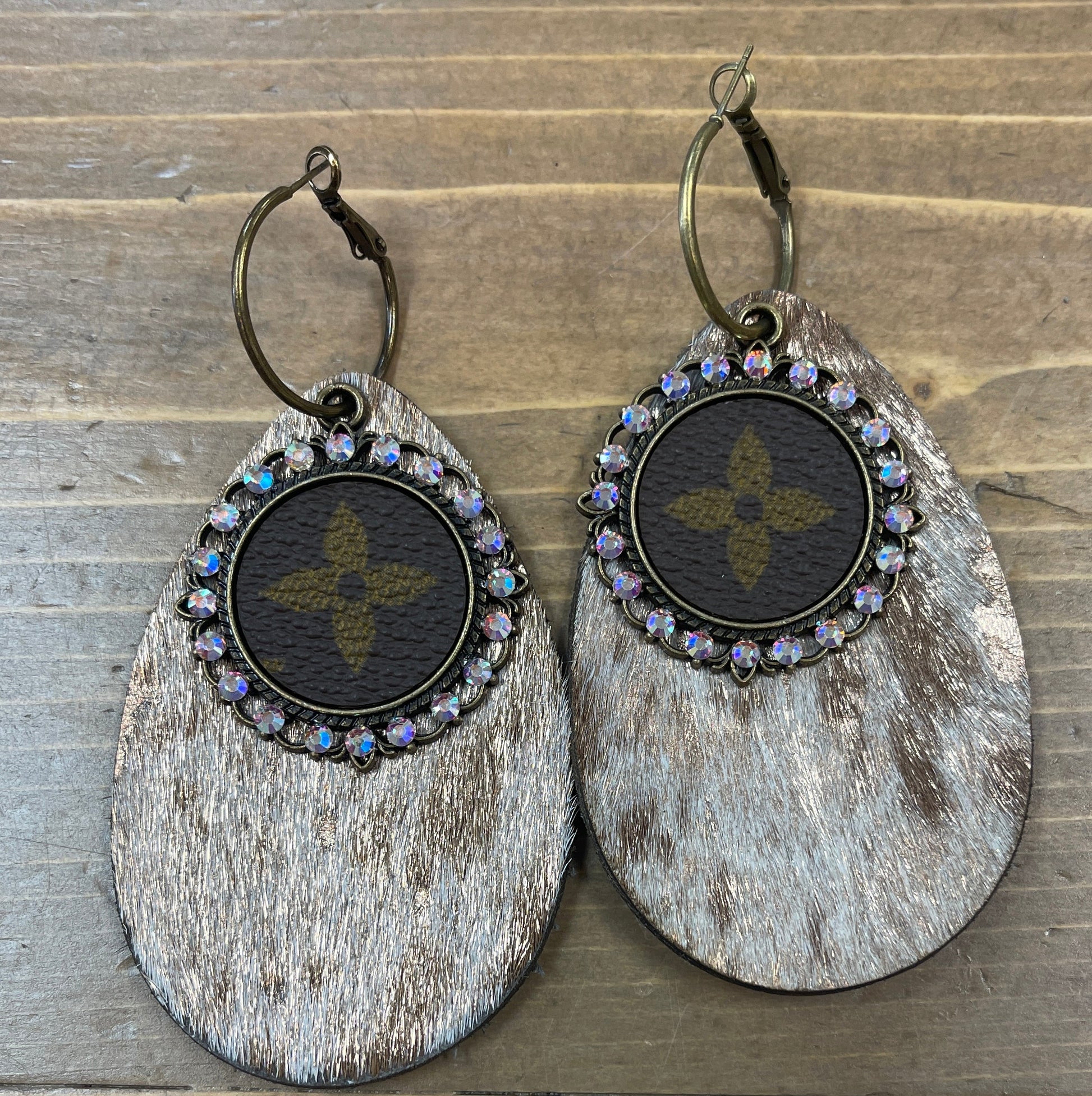Upcycled Designer Crystal Cowhide Tooled Brass Earrings – Three