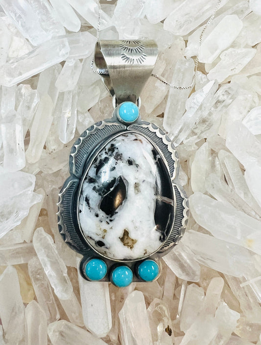 White Buffalo and Sleeping Beauty Turquoise Pendant - Premium Pendant from Zuni - Just $525! Shop now at Three Blessed Gems