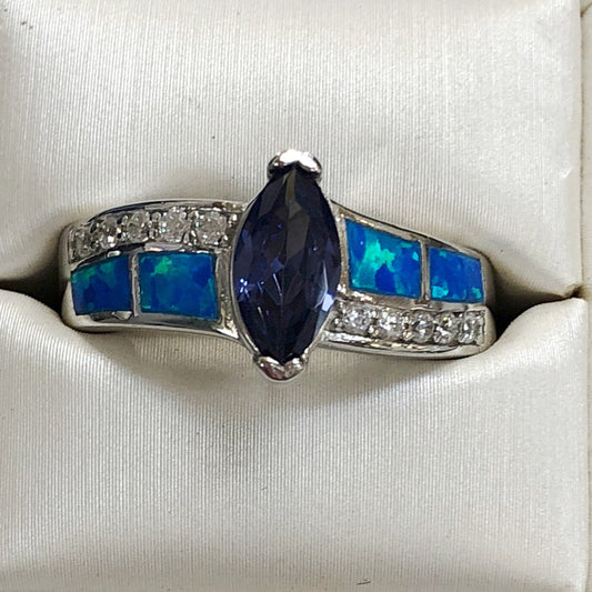 Iolite Opal CZ Silver Ring