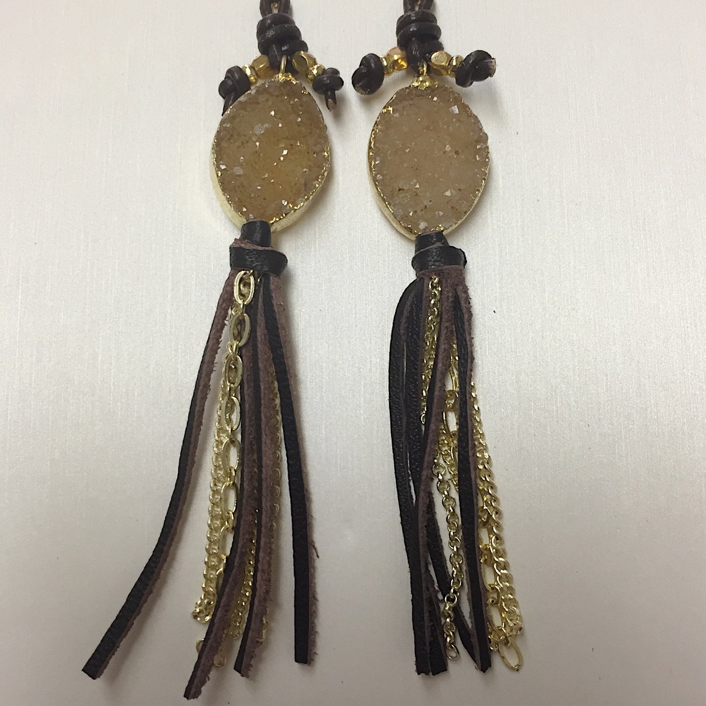 Druzy and Brown Leather Gold Earrings - Premium Earrings from Naka - Just $40! Shop now at Three Blessed Gems