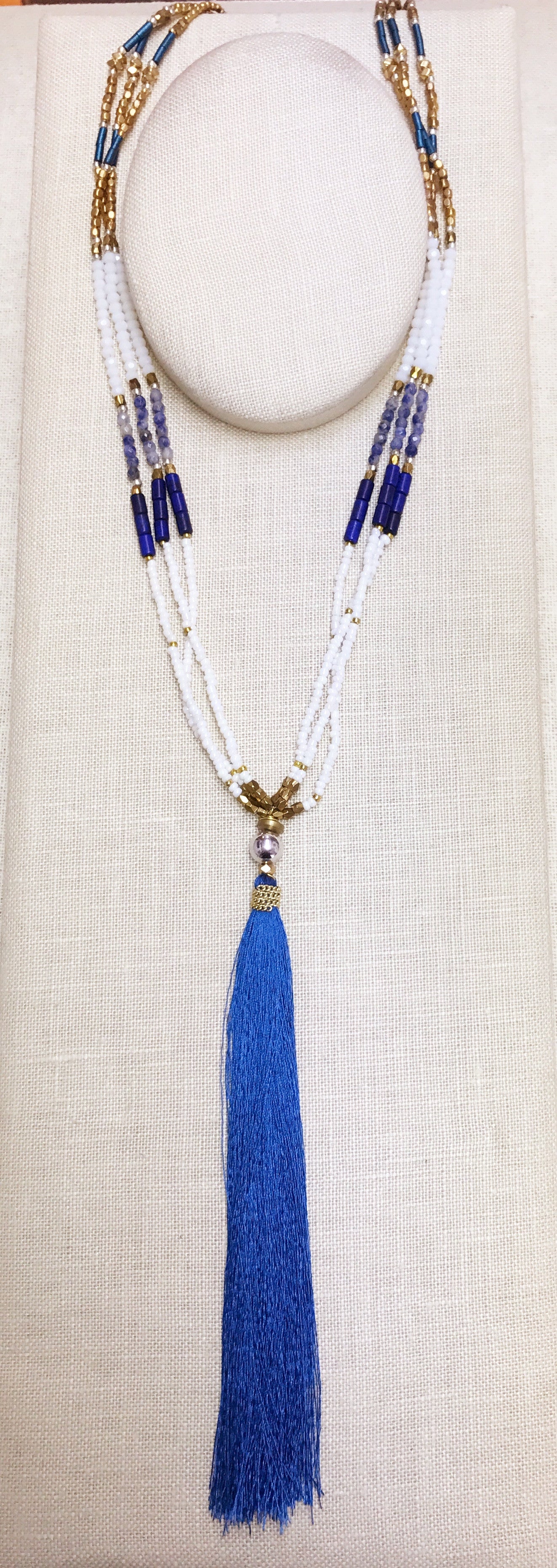 Lapis Mixed Beads Gold Tassel Necklace