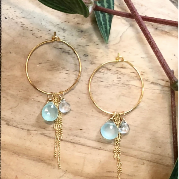 Mint Chalcedony and Aquamarine Gold Hoop Earrings